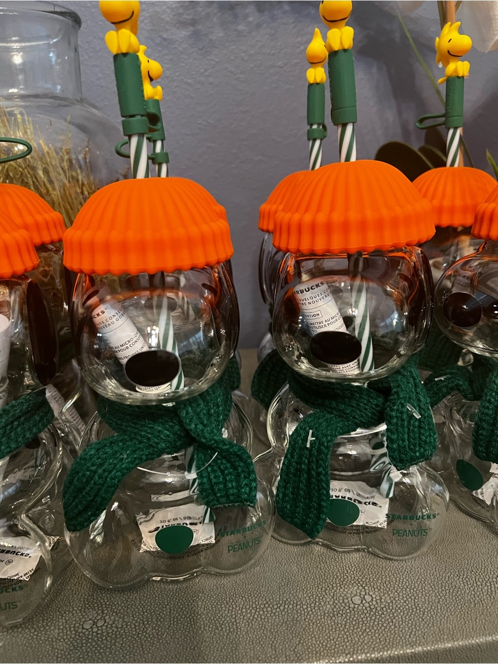 Starbucks Glass Snowman Cups with Orange Hats and Green Scarves